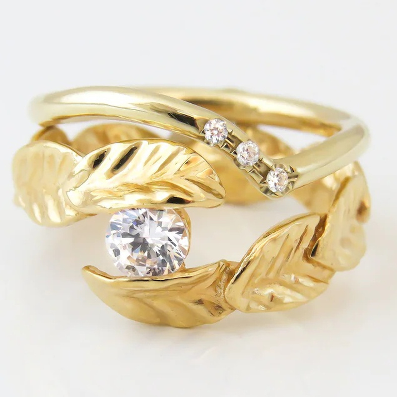 Unisex Leaf Engagement & Wedding Ring Set, 2pcs